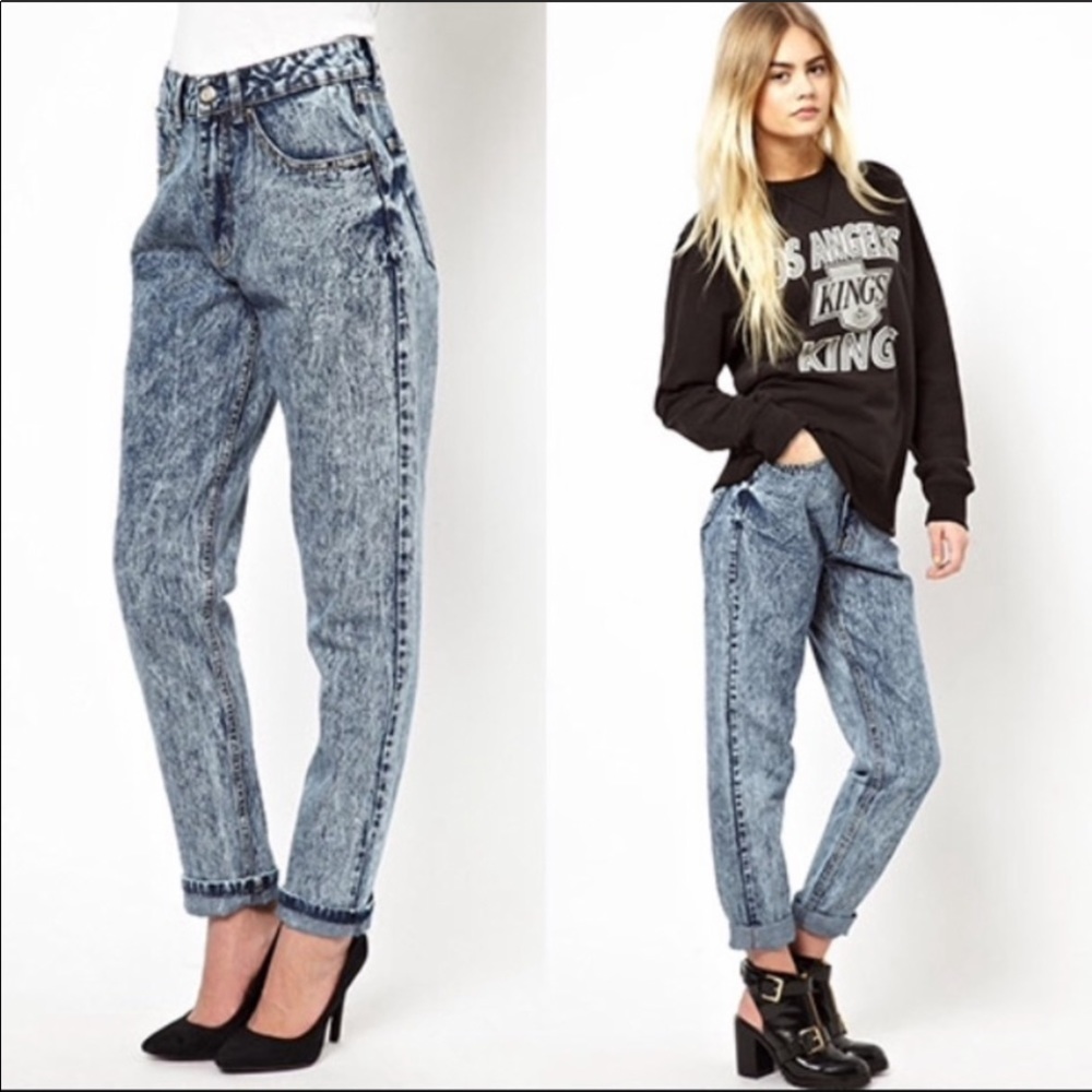 VINTAGE JORDACE JEANS SZ 14 80s ACID WASH BLUE WHITE HIGH RISE TAPERED LEG EUC